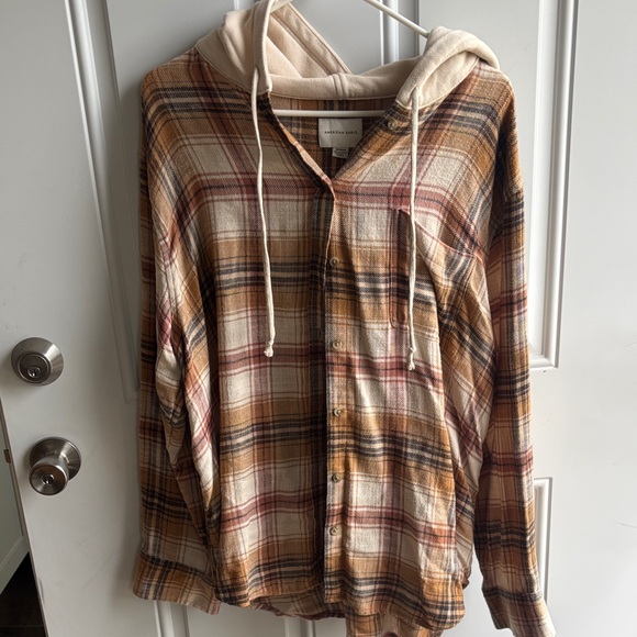 American Eagle Outfitters Tops - American Eagle Tan Rust Navy Plaid Hooded Button-Up